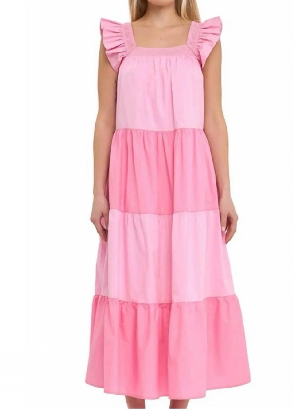 English Factory Pink Colorblock Tiered Midi Dress Ruffle Cotton Maxi Dress - M